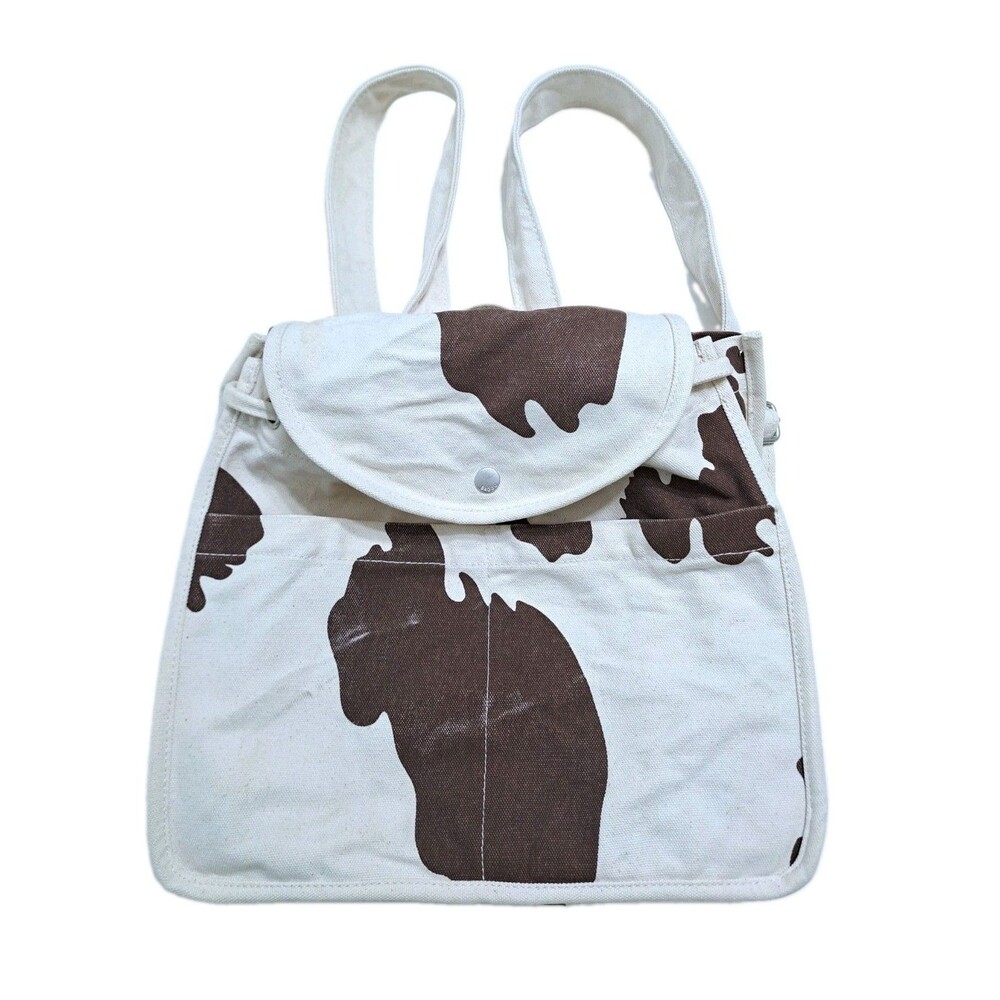 Baggu Canvas Backpack Purse Fabric Bag Cow Print Drawstring Cotton Brown White
